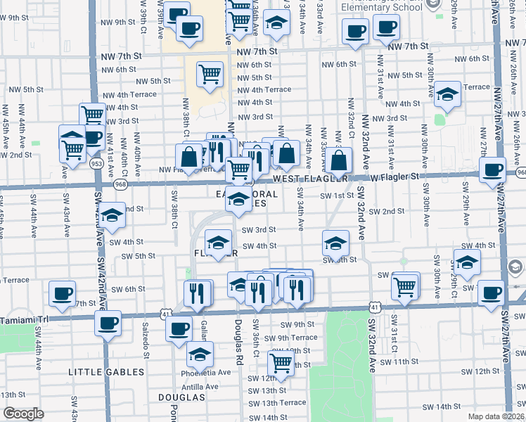 map of restaurants, bars, coffee shops, grocery stores, and more near 201 Southwest 36th Avenue in Miami