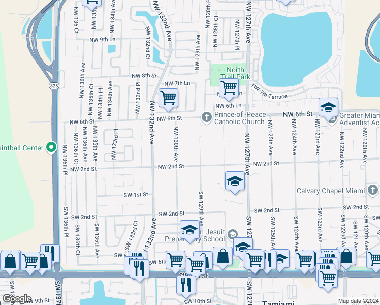 map of restaurants, bars, coffee shops, grocery stores, and more near 250 Northwest 129th Avenue in Miami