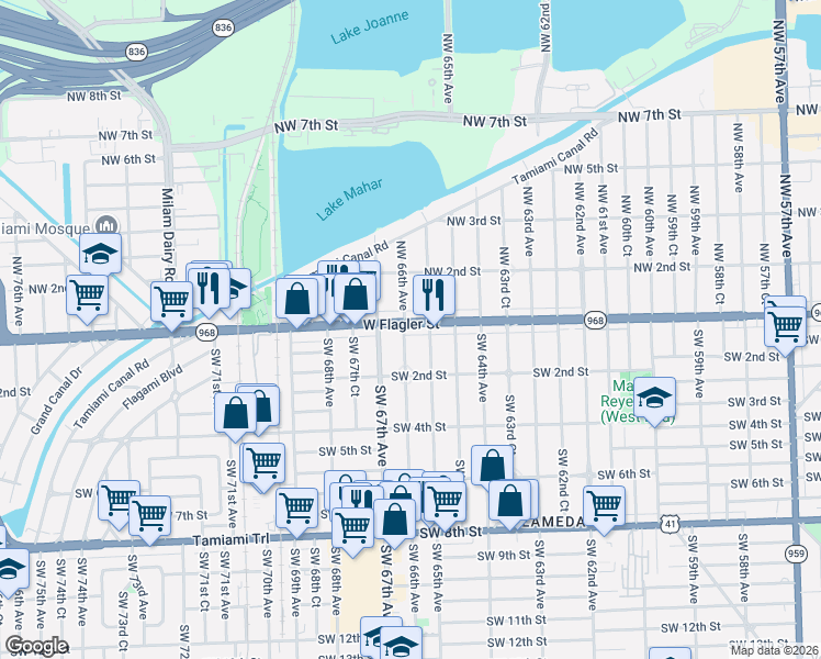 map of restaurants, bars, coffee shops, grocery stores, and more near 24 Southwest 65th Avenue in Miami