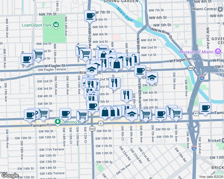 map of restaurants, bars, coffee shops, grocery stores, and more near 337 Southwest 10th Avenue in Miami