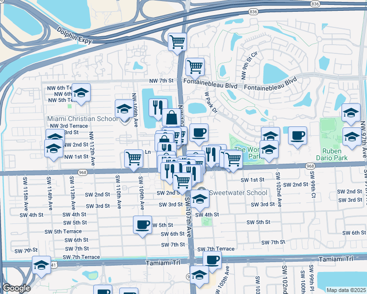 map of restaurants, bars, coffee shops, grocery stores, and more near 160 Northwest 107th Avenue in Miami