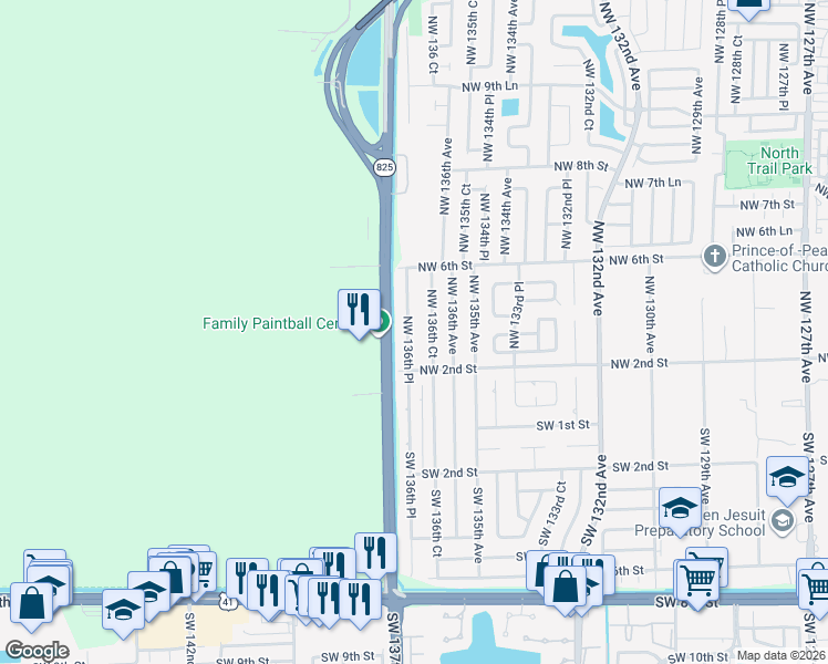 map of restaurants, bars, coffee shops, grocery stores, and more near 304 Northwest 136th Place in Miami