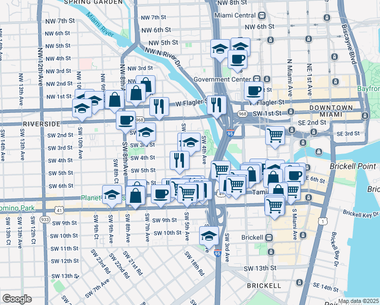map of restaurants, bars, coffee shops, grocery stores, and more near 458 Southwest 4th Street in Miami