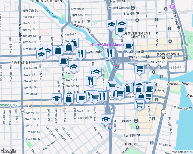 map of restaurants, bars, coffee shops, grocery stores, and more near 458 Southwest 4th Street in Miami