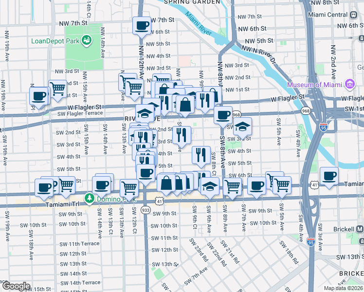 map of restaurants, bars, coffee shops, grocery stores, and more near 337 Southwest 10th Avenue in Miami