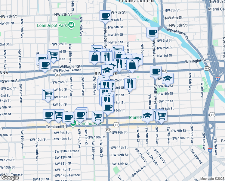 map of restaurants, bars, coffee shops, grocery stores, and more near 1147 Southwest 4th Street in Miami