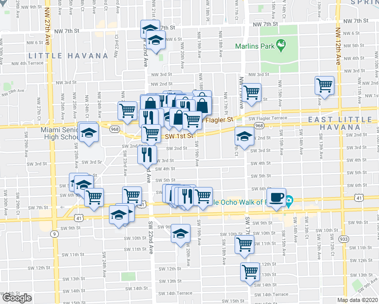 map of restaurants, bars, coffee shops, grocery stores, and more near 1925 Southwest 3rd Street in Miami