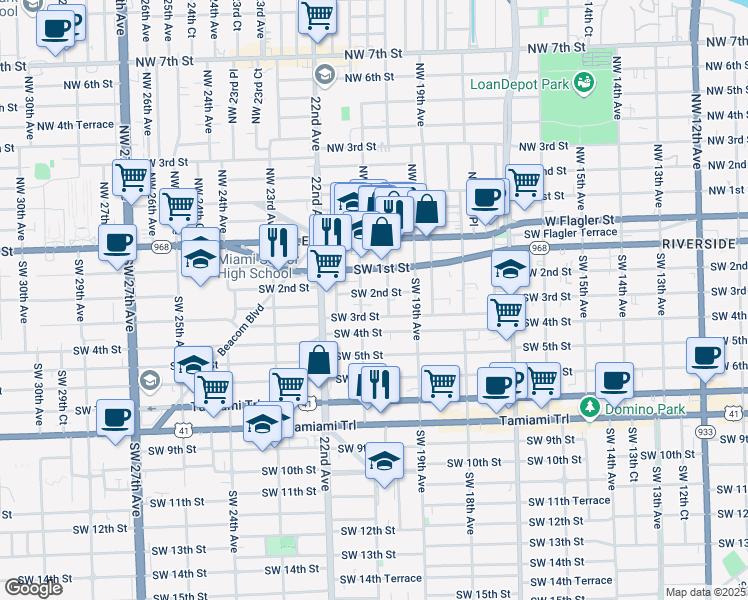 map of restaurants, bars, coffee shops, grocery stores, and more near 231 Southwest 21st Avenue in Miami