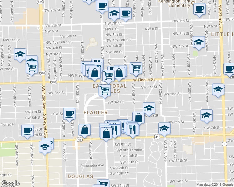 map of restaurants, bars, coffee shops, grocery stores, and more near 201 Southwest 36th Avenue in Miami