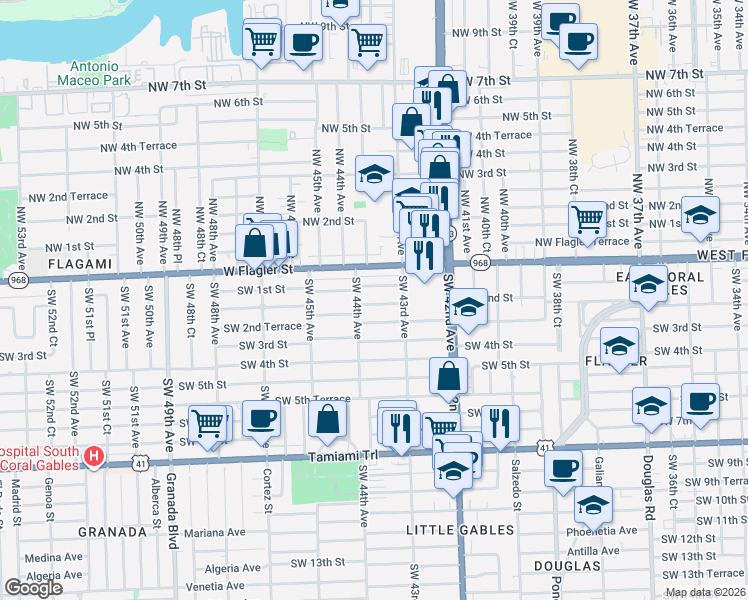 map of restaurants, bars, coffee shops, grocery stores, and more near 4340 Southwest 2nd Street in Coral Gables