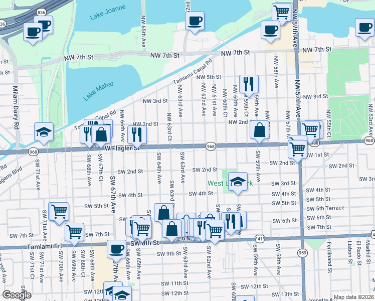 map of restaurants, bars, coffee shops, grocery stores, and more near 35 Southwest 63rd Avenue in Miami