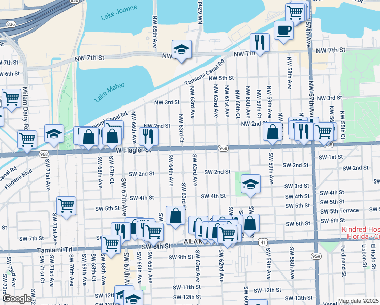 map of restaurants, bars, coffee shops, grocery stores, and more near 35 Southwest 63rd Avenue in Miami