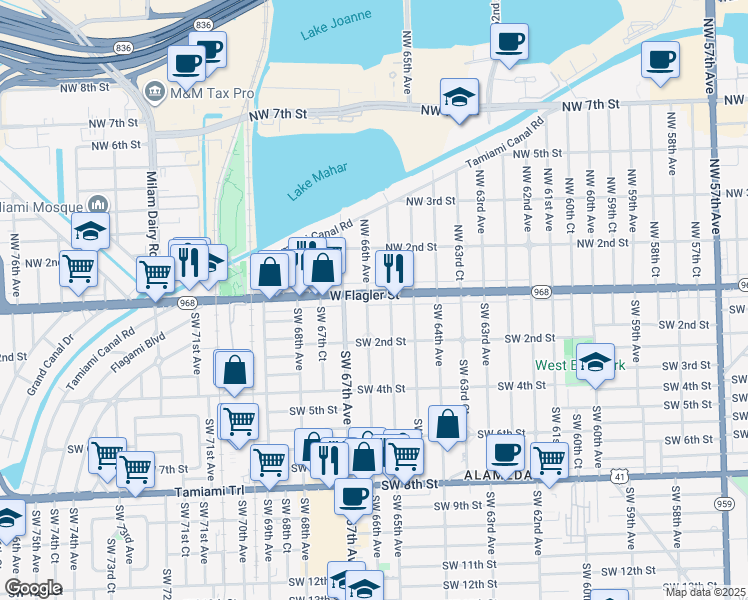 map of restaurants, bars, coffee shops, grocery stores, and more near 24 Southwest 65th Avenue in Miami