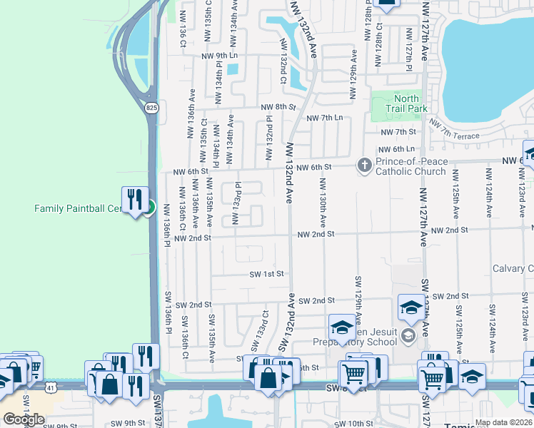 map of restaurants, bars, coffee shops, grocery stores, and more near 253 Northwest 132nd Place in Miami