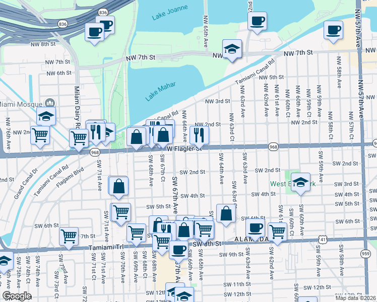 map of restaurants, bars, coffee shops, grocery stores, and more near 24 Southwest 65th Avenue in Miami