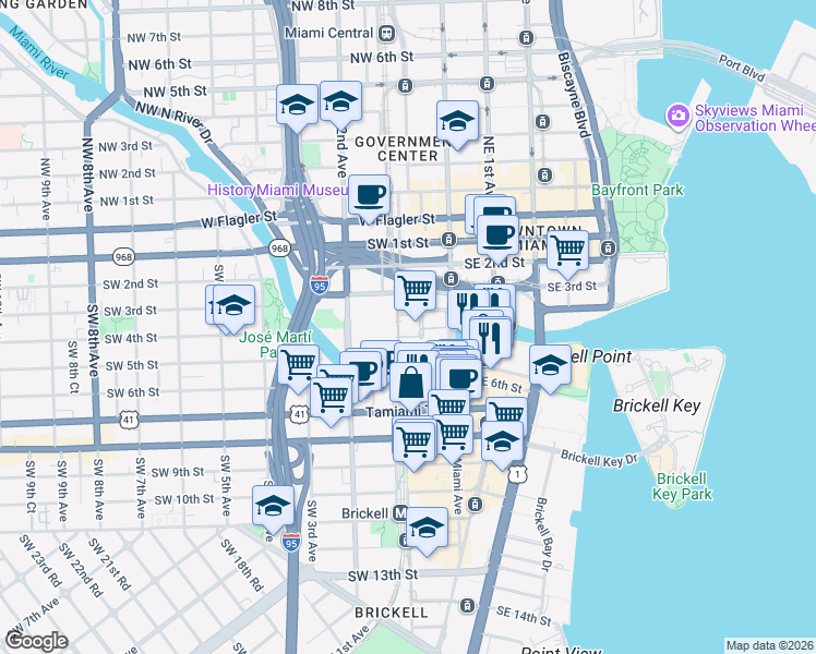 map of restaurants, bars, coffee shops, grocery stores, and more near 24 Southwest 4th Street in Miami
