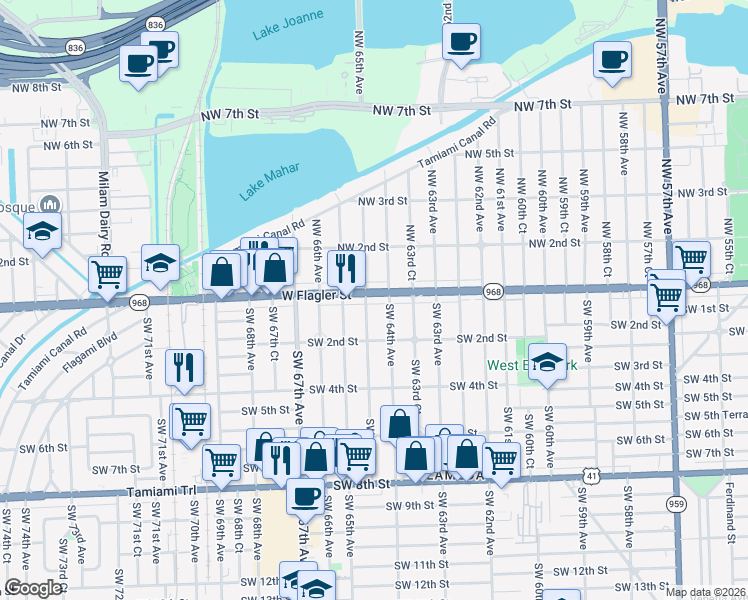 map of restaurants, bars, coffee shops, grocery stores, and more near 25 Southwest 64th Court in Miami