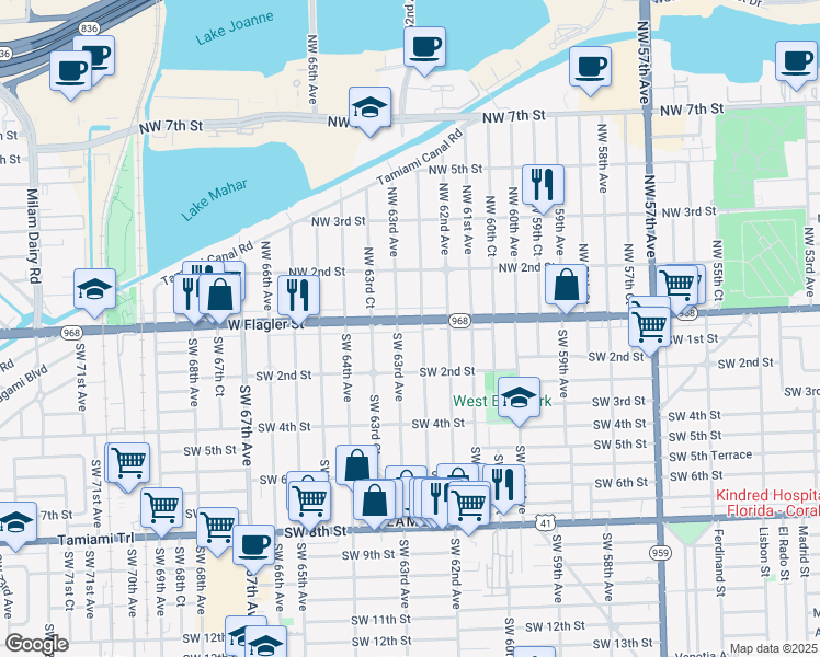 map of restaurants, bars, coffee shops, grocery stores, and more near 35 Southwest 63rd Avenue in Miami