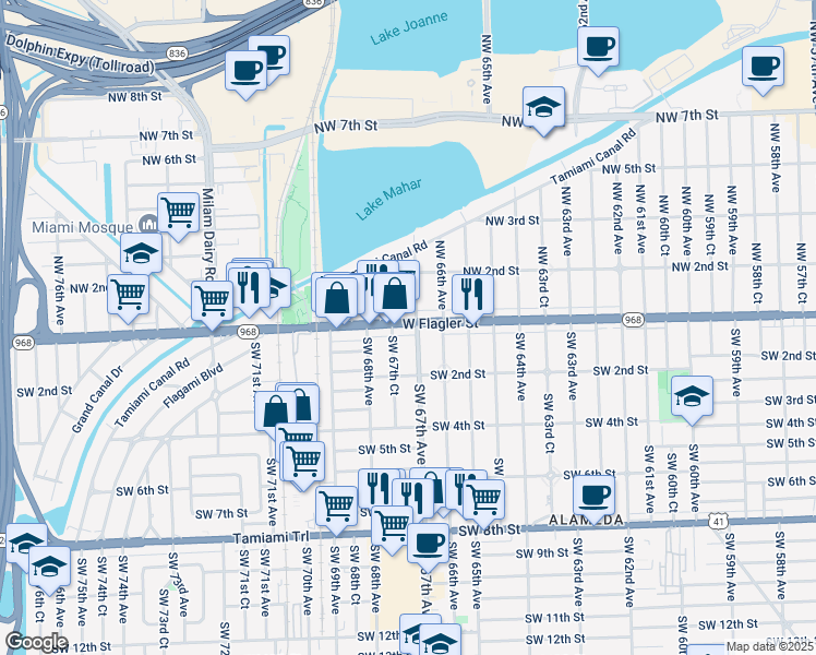 map of restaurants, bars, coffee shops, grocery stores, and more near 21 Southwest 67th Avenue in Miami