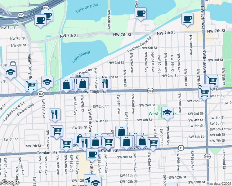 map of restaurants, bars, coffee shops, grocery stores, and more near 25 Southwest 64th Court in Miami