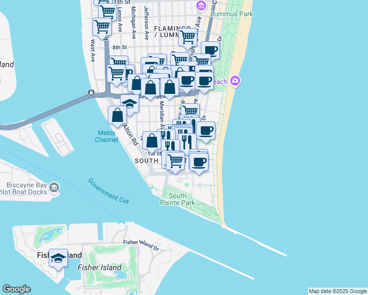 map of restaurants, bars, coffee shops, grocery stores, and more near 120 Collins Avenue in Miami Beach