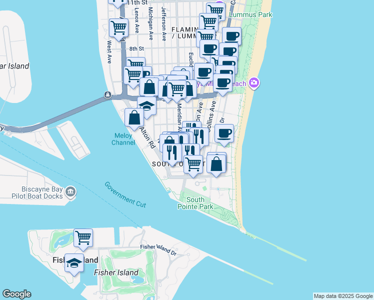 map of restaurants, bars, coffee shops, grocery stores, and more near 211 1st Street in Miami Beach