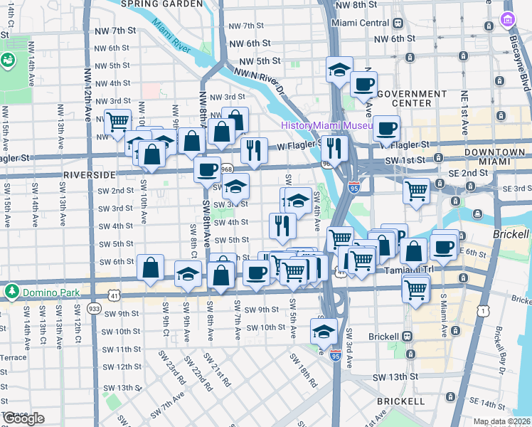 map of restaurants, bars, coffee shops, grocery stores, and more near 535 Southwest 4th Street in Miami