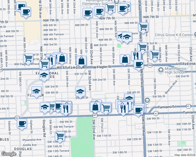 map of restaurants, bars, coffee shops, grocery stores, and more near 3172 Southwest 2nd Street in Miami