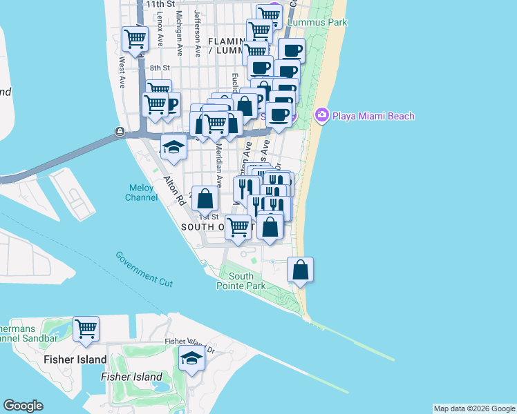 map of restaurants, bars, coffee shops, grocery stores, and more near 116 Ocean Drive in Miami Beach