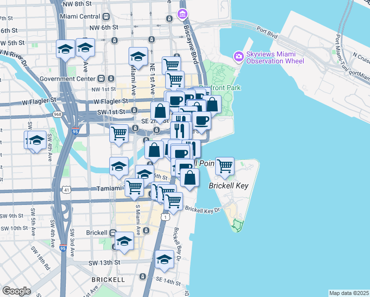 map of restaurants, bars, coffee shops, grocery stores, and more near 40 South Biscayne Boulevard in Miami