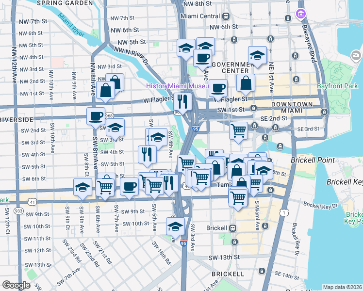 map of restaurants, bars, coffee shops, grocery stores, and more near 362 Southwest 4th Avenue in Miami
