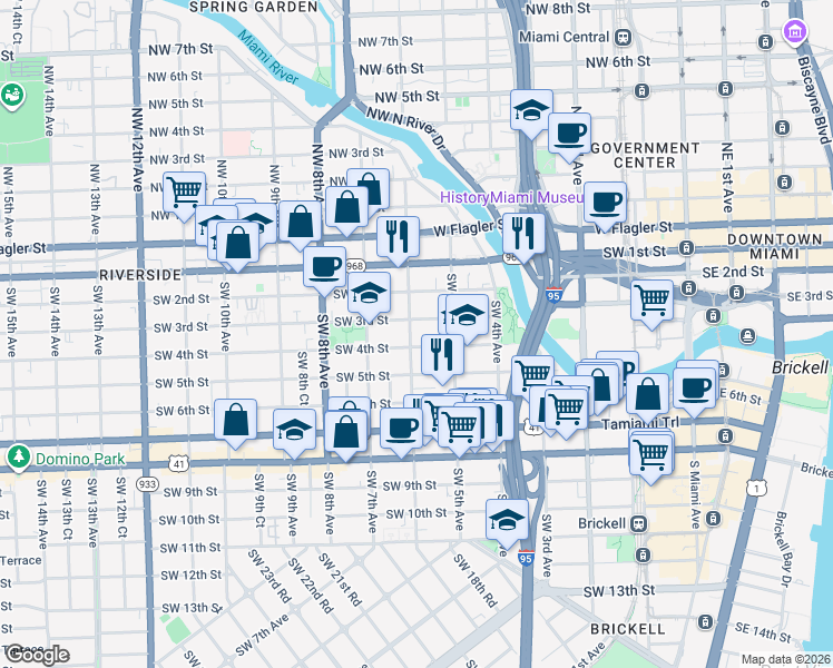 map of restaurants, bars, coffee shops, grocery stores, and more near 535 Southwest 4th Street in Miami