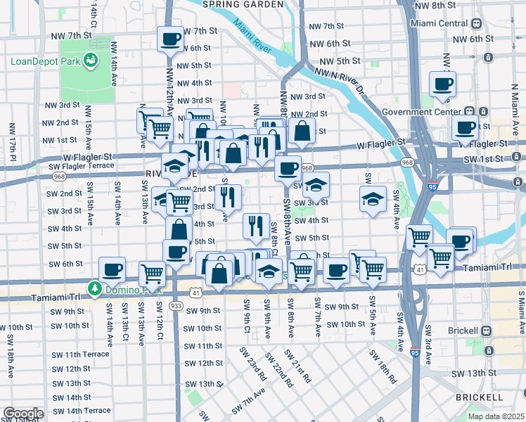 map of restaurants, bars, coffee shops, grocery stores, and more near 332 Southwest 9th Avenue in Miami