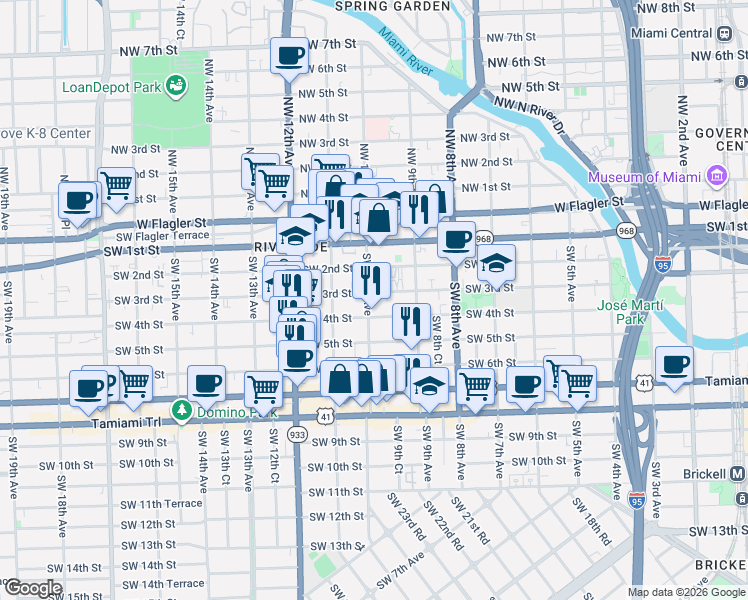 map of restaurants, bars, coffee shops, grocery stores, and more near 337 Southwest 10th Avenue in Miami