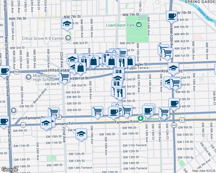 map of restaurants, bars, coffee shops, grocery stores, and more near 1771 Southwest 3rd Street in Miami