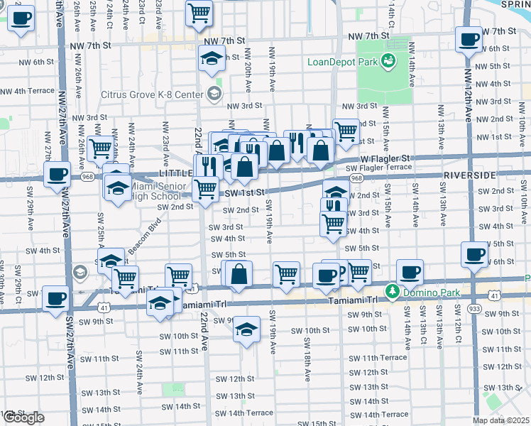 map of restaurants, bars, coffee shops, grocery stores, and more near 1925 Southwest 3rd Street in Miami