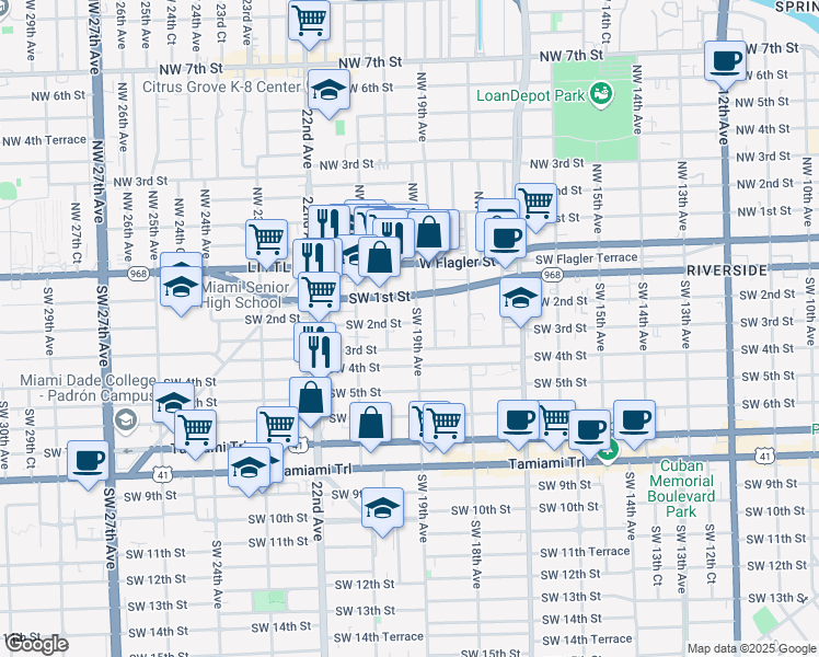map of restaurants, bars, coffee shops, grocery stores, and more near 1925 Southwest 3rd Street in Miami