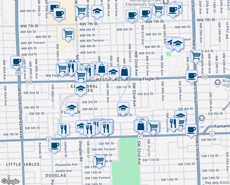 map of restaurants, bars, coffee shops, grocery stores, and more near 3300 Southwest 2nd Street in Miami