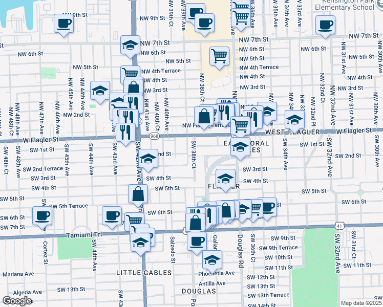 map of restaurants, bars, coffee shops, grocery stores, and more near 200 Southwest 38th Court in Coral Gables