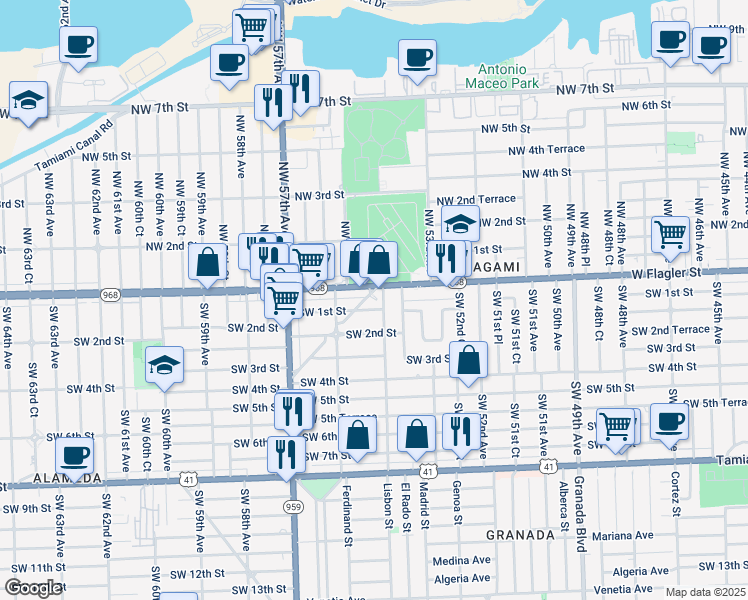 map of restaurants, bars, coffee shops, grocery stores, and more near 5516 Southwest 1st Street in Coral Gables