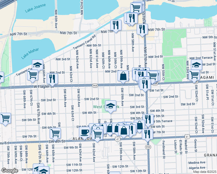 map of restaurants, bars, coffee shops, grocery stores, and more near 54 Southwest 60th Avenue in Miami