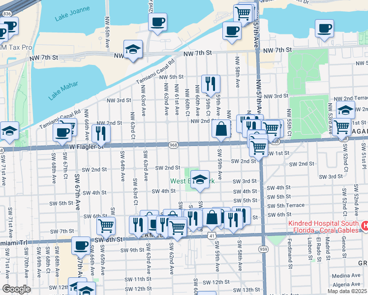 map of restaurants, bars, coffee shops, grocery stores, and more near 55 Southwest 61st Avenue in Miami