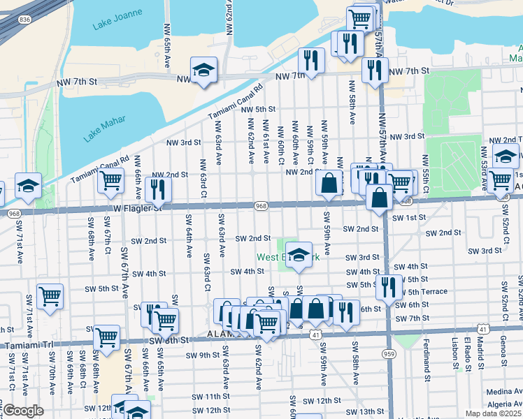 map of restaurants, bars, coffee shops, grocery stores, and more near 55 Southwest 61st Avenue in Miami