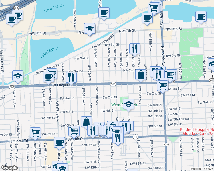 map of restaurants, bars, coffee shops, grocery stores, and more near 34 Southwest 62nd Avenue in Miami