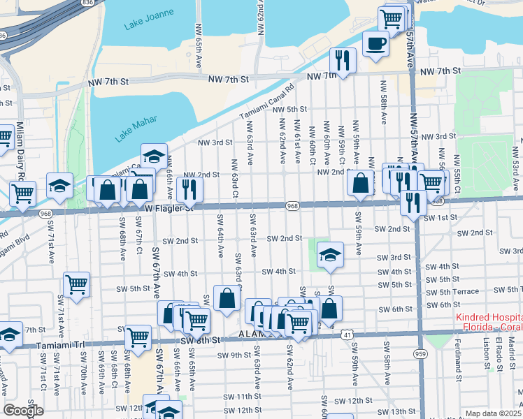 map of restaurants, bars, coffee shops, grocery stores, and more near 35 Southwest 63rd Avenue in Miami