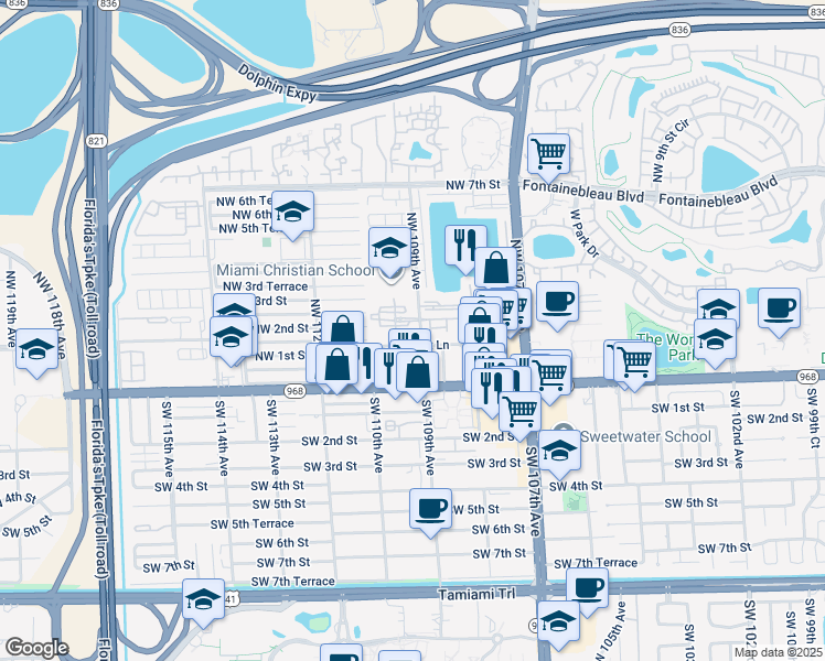 map of restaurants, bars, coffee shops, grocery stores, and more near 10871 Northwest 1st Lane in Miami