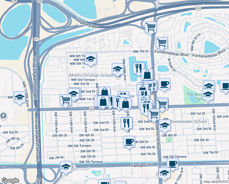 map of restaurants, bars, coffee shops, grocery stores, and more near 10951 Northwest 109th Place in Miami