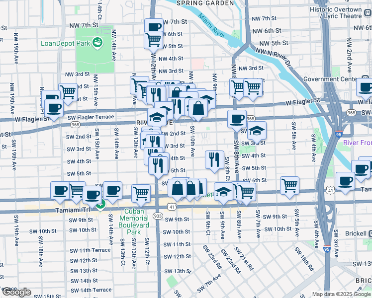 map of restaurants, bars, coffee shops, grocery stores, and more near 1055 Southwest 4th Street in Miami