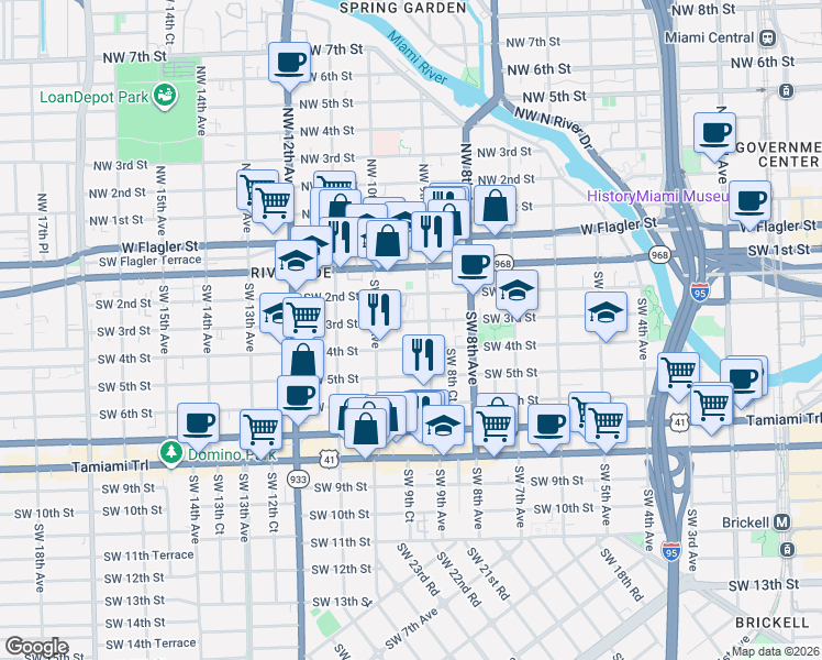 map of restaurants, bars, coffee shops, grocery stores, and more near 332 Southwest 9th Avenue in Miami