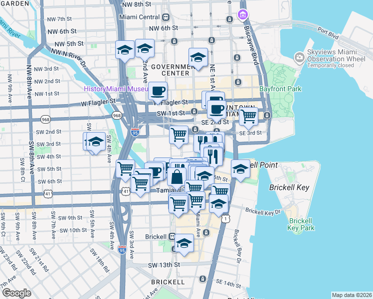 map of restaurants, bars, coffee shops, grocery stores, and more near 24 Southwest 4th Street in Miami
